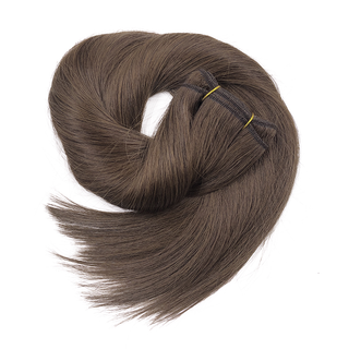 One bundle of chocolate brown straight texture hair extensions laying in the shape of a circle.
