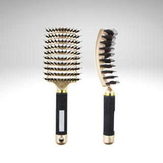 Gold brush with no slip, grip black handle. Nylon teeth with ball and Boar bristle design.