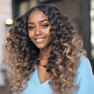 young black woman with long 1b/4/27 ombre hair with soft curls. wearing a light blue sweater.
