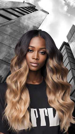 African American woman with long ombre hair in soft beach wave curls.